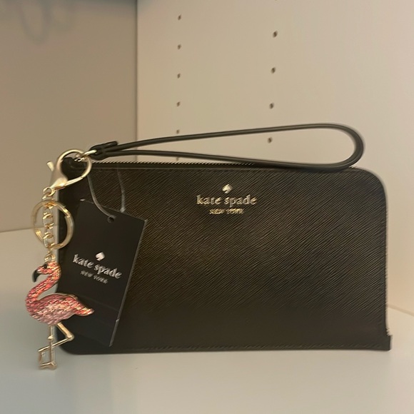 NWT ♠️Kate Spade LARGE Wristlet with Gem Flamingo Bag Charm